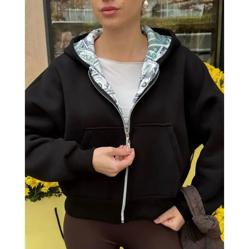 Oversized White Hoodie with Dollar Print Interior Women's 2025 New Streetwear Zip-Up Hooded Sweatshirt Fashion Casual Outerwear