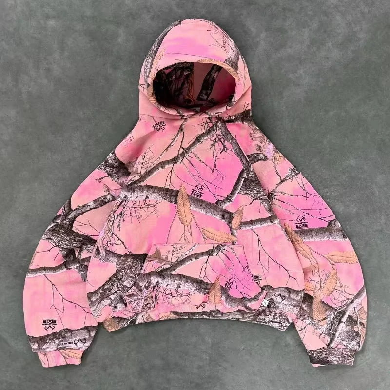 Y2K Retro Hoodie Men Camouflage Pattern Pink Sweatshirt High Street Hip Hop Streetwear Oversized Unisex Gothic Camo Hoodie Women