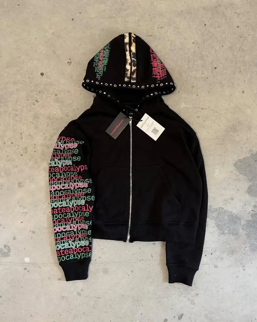 Apocalypse" Neon Graphic Zip-Up – Leopard Detail & Eyelet Hood