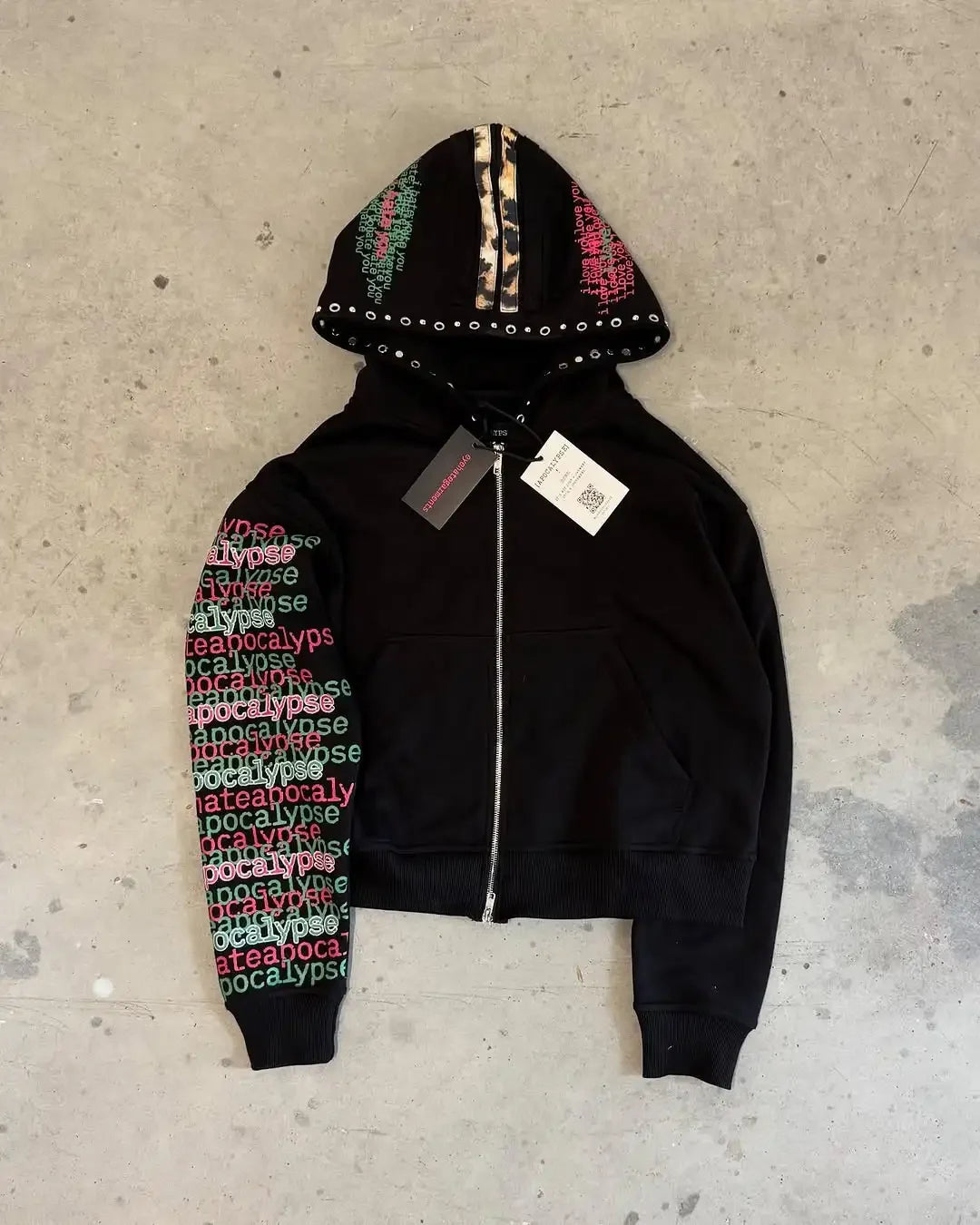 Apocalypse" Neon Graphic Zip-Up – Leopard Detail & Eyelet Hood