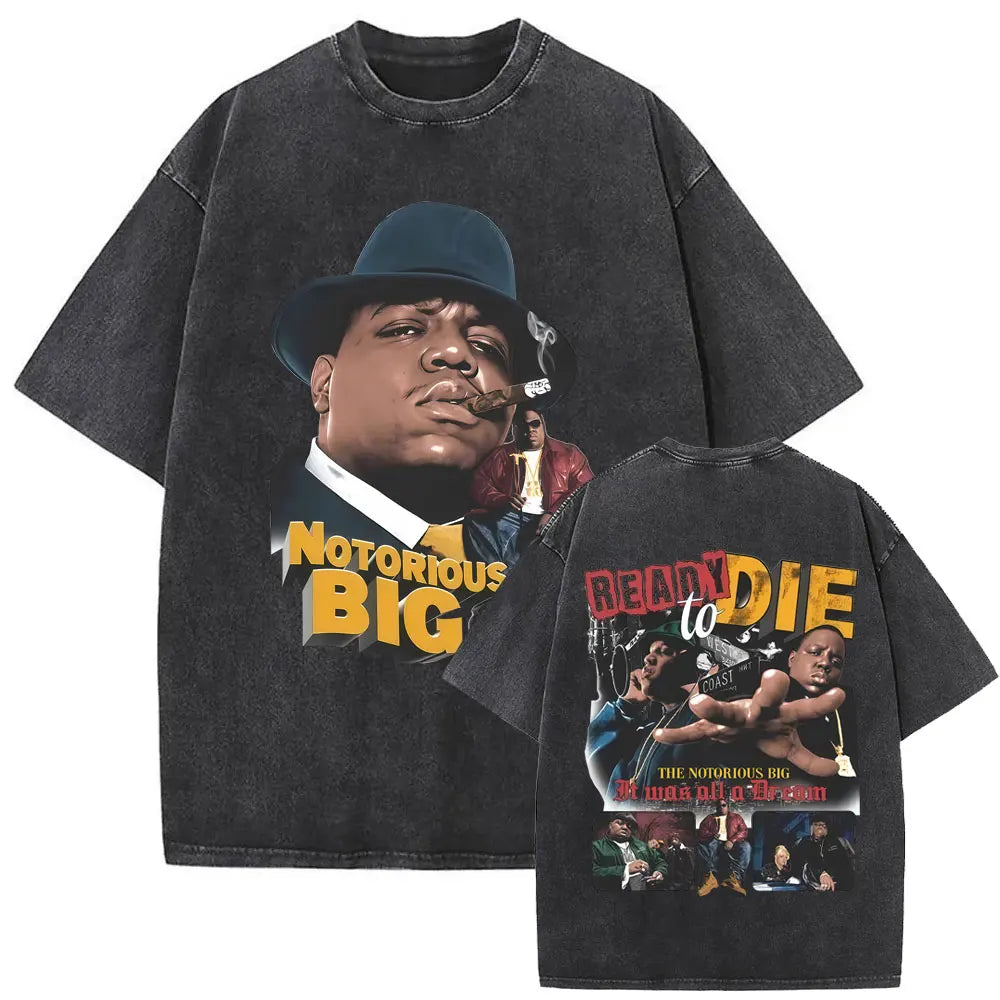 Washed Vintage Rapper The Notorious Big World Tour 97 T-shirt Biggie Smalls Print T Shirts Men Women Hip Hop Oversized T-shirts