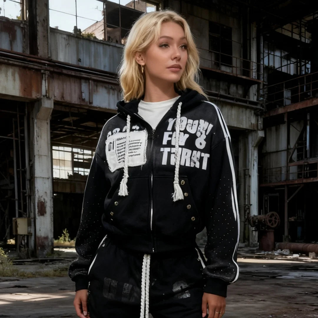 Y2k sportswear men's and women's hip-hop Harajuku retro patch print super large hooded sweatshirt