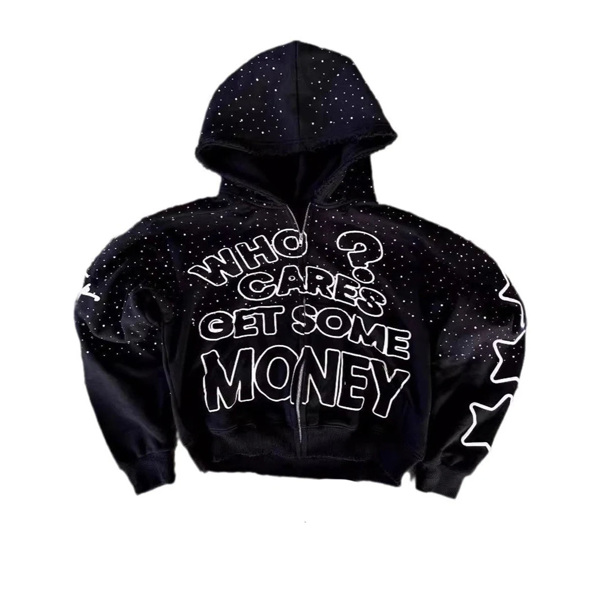 Who Cares Get Money" Rhinestone Hoodie – Streetwear Hustle Edition