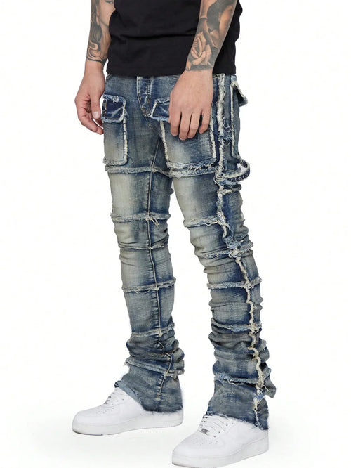 2025 New Trendy Men Jeans, European and American Fashionable Workwear with Patch, Elastic, Laminated and Slightly Flared Men Den