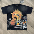 HS European and American trend flame graffiti black short-sleeved T-shirt