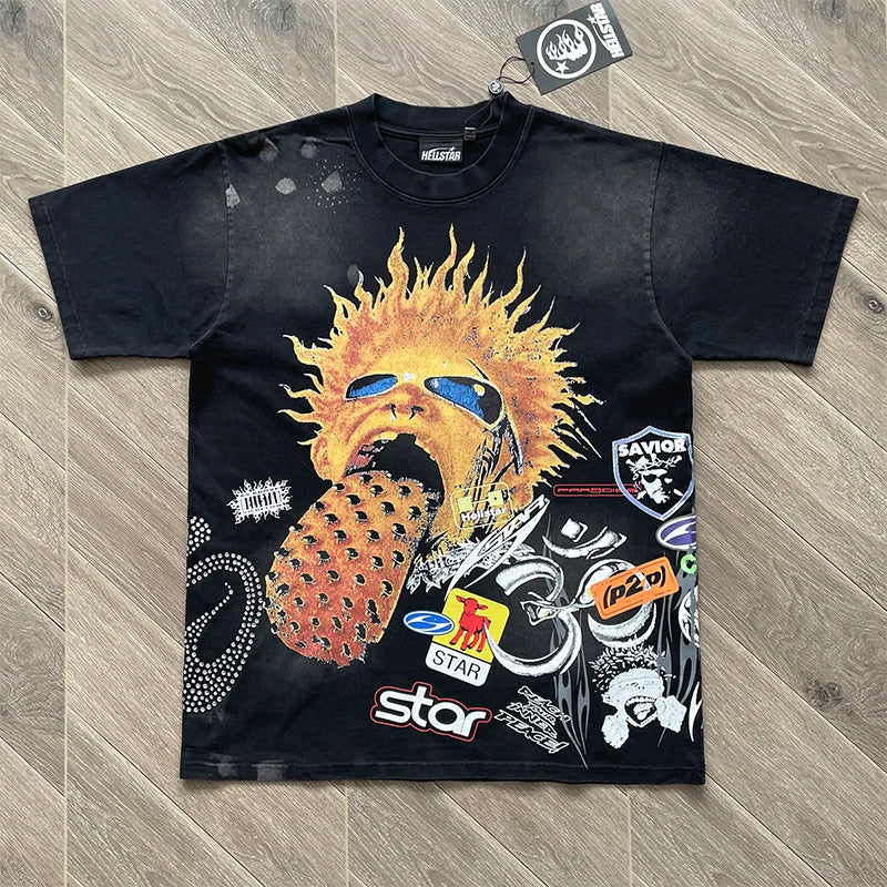 HS European and American trend flame graffiti black short-sleeved T-shirt