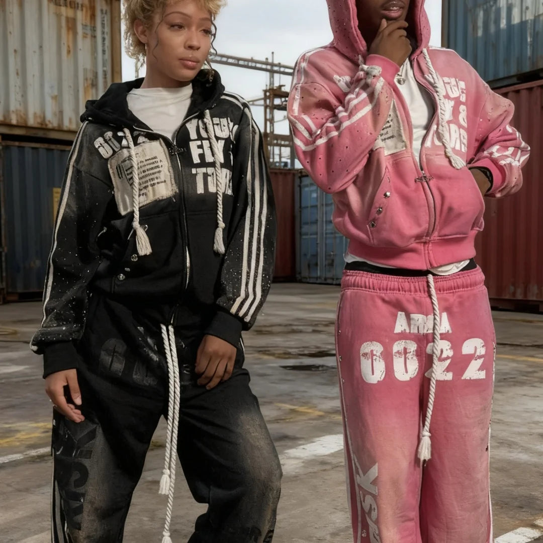 Y2k sportswear men's and women's hip-hop Harajuku retro patch print super large hooded sweatshirt