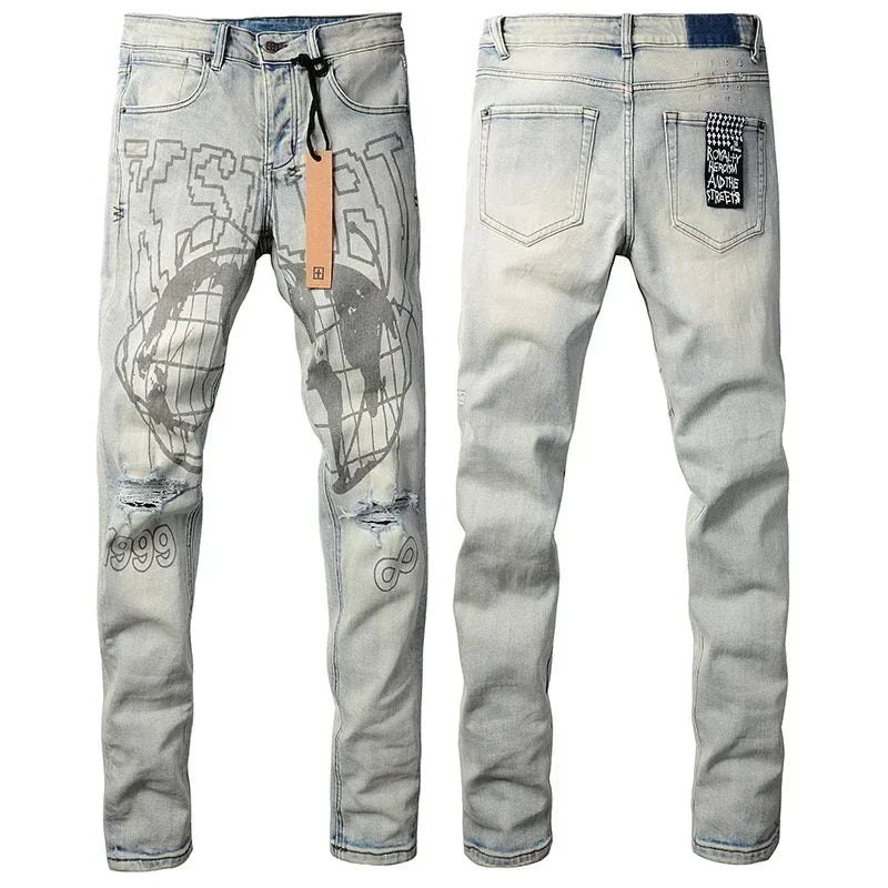 New KSUBI Jeans Men Paint Hole Trendy American High Street  Trend Low Rise Stretch Skinny Pleated Ripped Jeans
