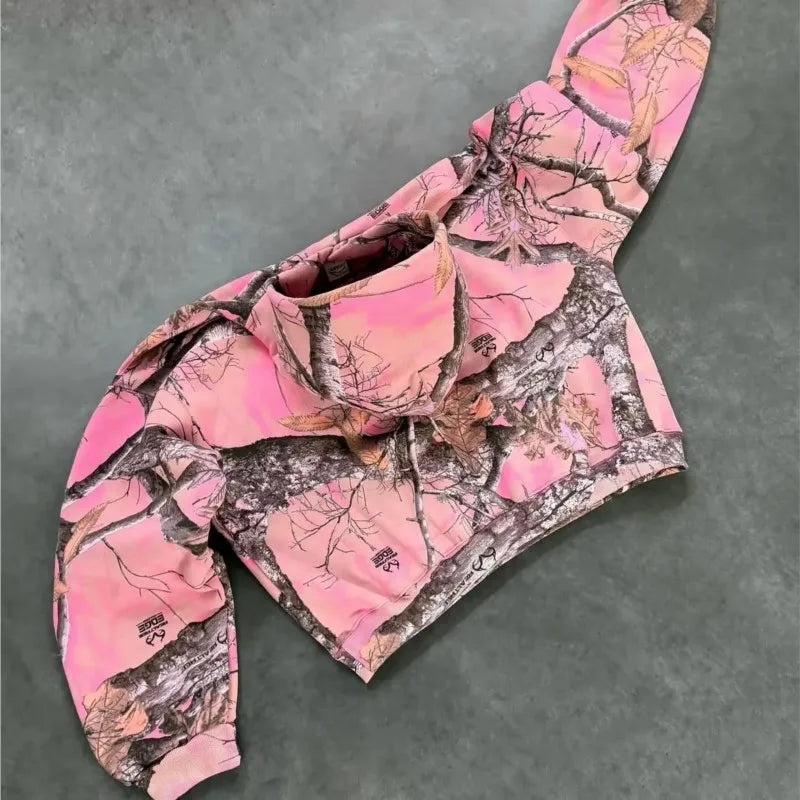 Y2K Retro Hoodie Men Camouflage Pattern Pink Sweatshirt High Street Hip Hop Streetwear Oversized Unisex Gothic Camo Hoodie Women