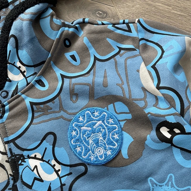Blue Glo Gang Eroded Glo Thermal Hoodie Men Women High Quality Full Printed Cartoon Plush Print Oversize Hooded