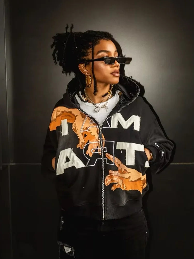 Y2k Streetwear Sweatshirt Letter Prints Graphics Zipper Hoodie Autumn and Winter Loose Sweatshirt Man Clothes sudadera hombre