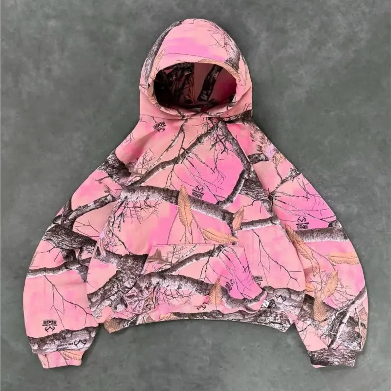 Y2K Retro Hoodie Men Camouflage Pattern Pink Sweatshirt High Street Hip Hop Streetwear Oversized Unisex Gothic Camo Hoodie Women