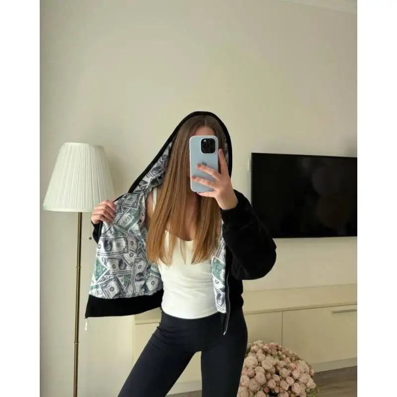 Oversized White Hoodie with Dollar Print Interior Women's 2025 New Streetwear Zip-Up Hooded Sweatshirt Fashion Casual Outerwear