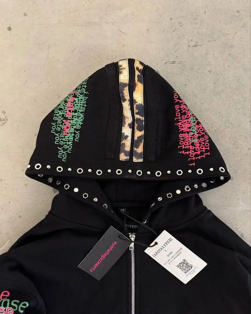 Apocalypse" Neon Graphic Zip-Up – Leopard Detail & Eyelet Hood