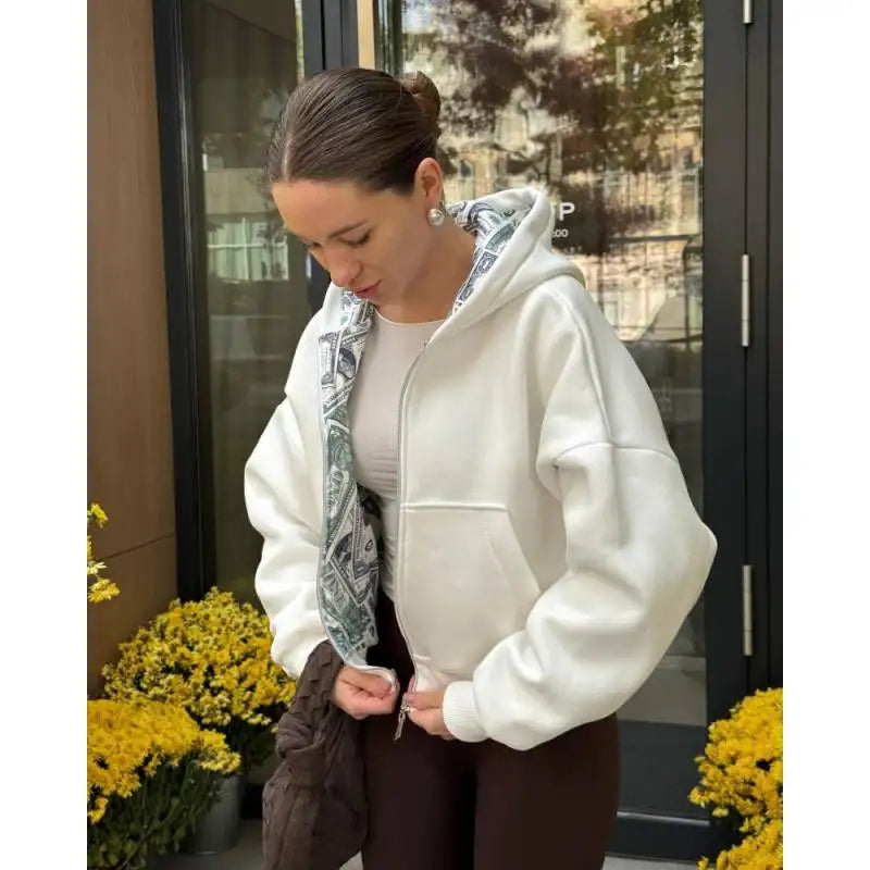 Oversized White Hoodie with Dollar Print Interior Women's 2025 New Streetwear Zip-Up Hooded Sweatshirt Fashion Casual Outerwear