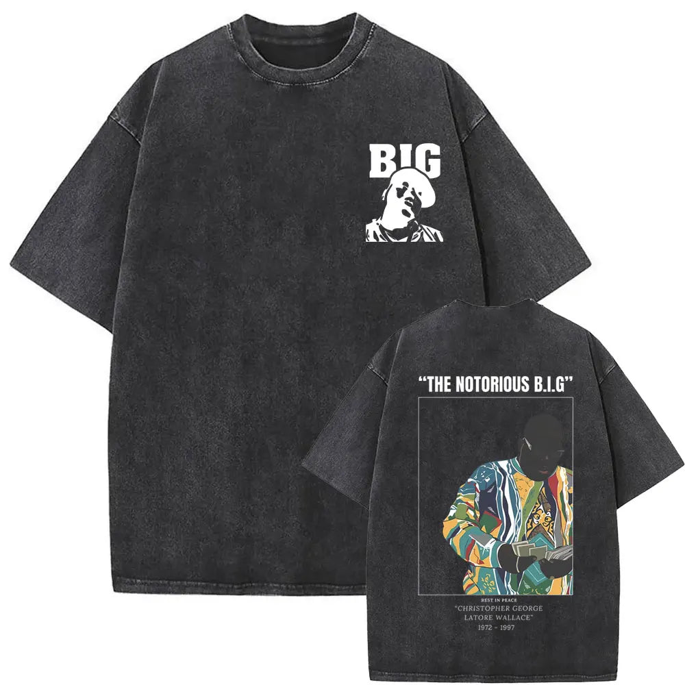 Washed Vintage Rapper The Notorious Big World Tour 97 T-shirt Biggie Smalls Print T Shirts Men Women Hip Hop Oversized T-shirts