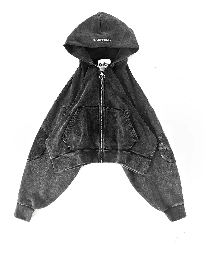 Gothic washed embroidered men hoodie retro hip-hop Y2k zipper hoodie fashionable street pure cotton overweight couple sportswear