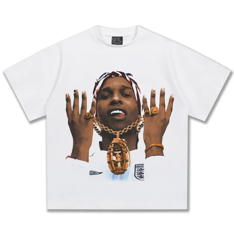 2025 Men's and Women's Asap Rocky American hip-hop retro print t-shirt fashion loose high street 100% cotton o-neck short sleeve