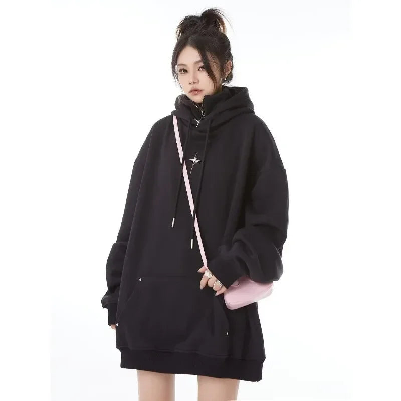 Streetwear Black Hoodie Men Women Oversized Harajuku Vintage Pullovers Korean Fashion Goth Aesthetic Sweatshirts Spring Autumn