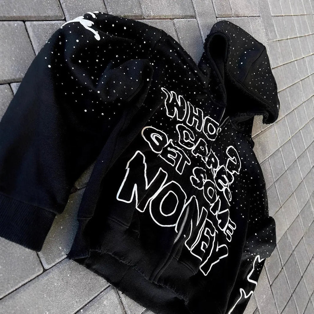 Who Cares Get Money" Rhinestone Hoodie – Streetwear Hustle Edition