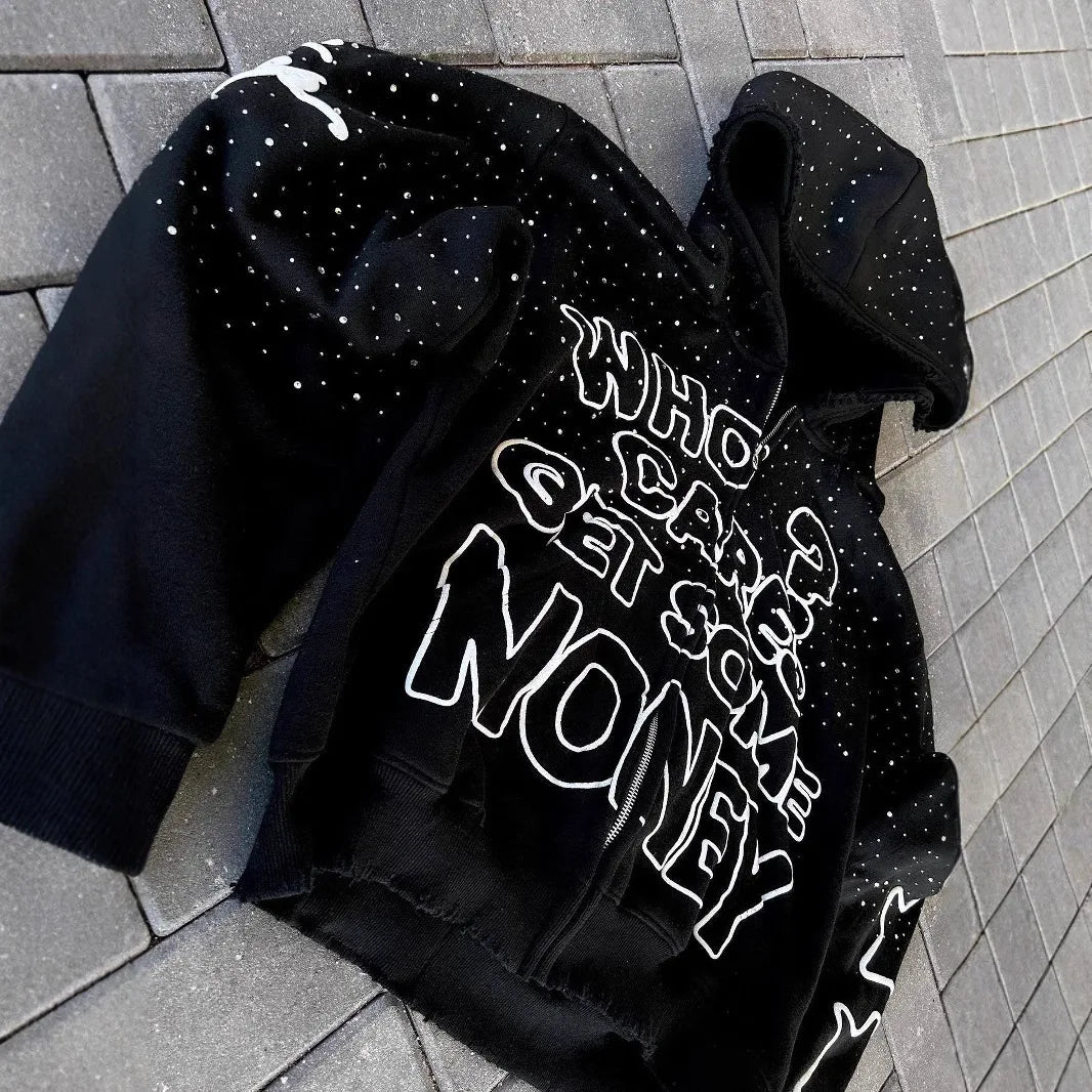 Who Cares Get Money" Rhinestone Hoodie – Streetwear Hustle Edition
