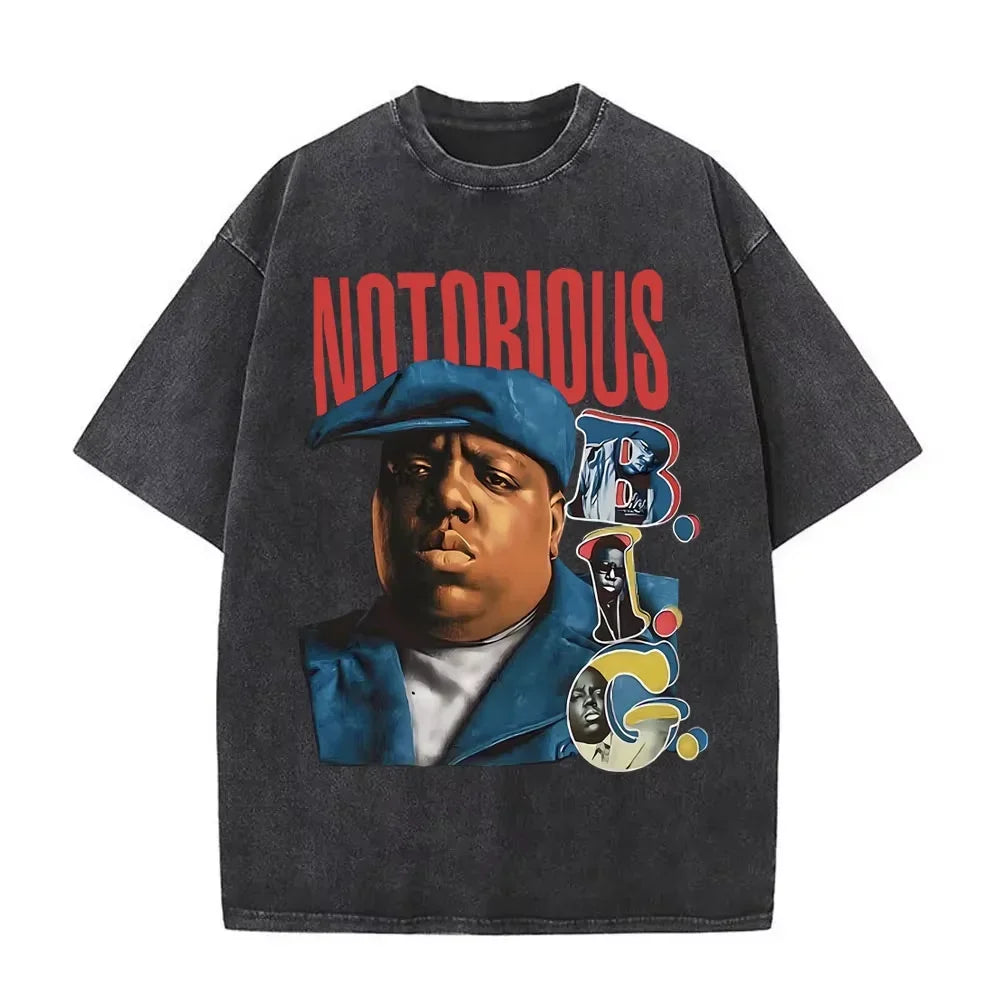 Washed Vintage Rapper The Notorious Big World Tour 97 T-shirt Biggie Smalls Print T Shirts Men Women Hip Hop Oversized T-shirts