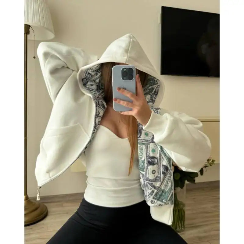 Oversized White Hoodie with Dollar Print Interior Women's 2025 New Streetwear Zip-Up Hooded Sweatshirt Fashion Casual Outerwear