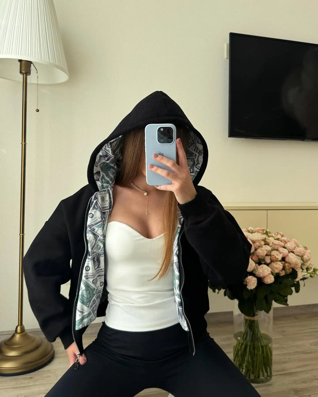 Oversized White Hoodie with Dollar Print Interior Women's 2025 New Streetwear Zip-Up Hooded Sweatshirt Fashion Casual Outerwear
