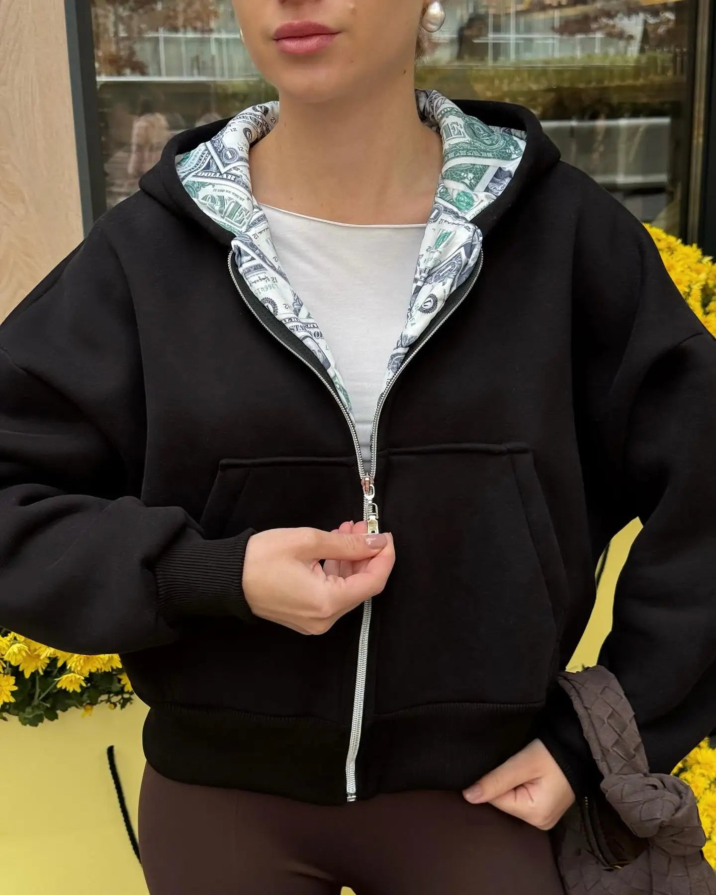 Oversized White Hoodie with Dollar Print Interior Women's 2025 New Streetwear Zip-Up Hooded Sweatshirt Fashion Casual Outerwear
