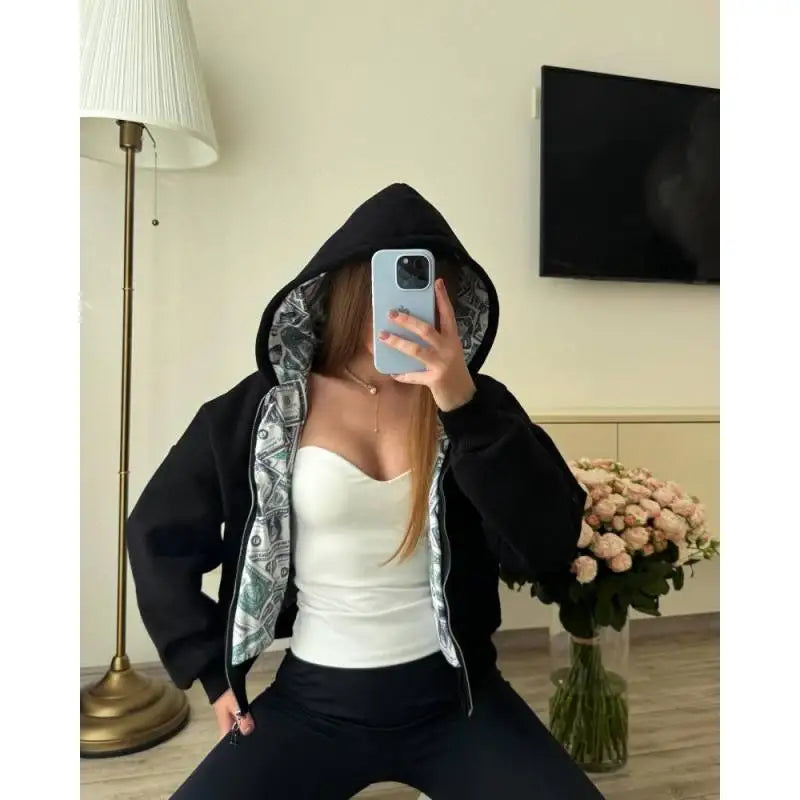 Oversized White Hoodie with Dollar Print Interior Women's 2025 New Streetwear Zip-Up Hooded Sweatshirt Fashion Casual Outerwear