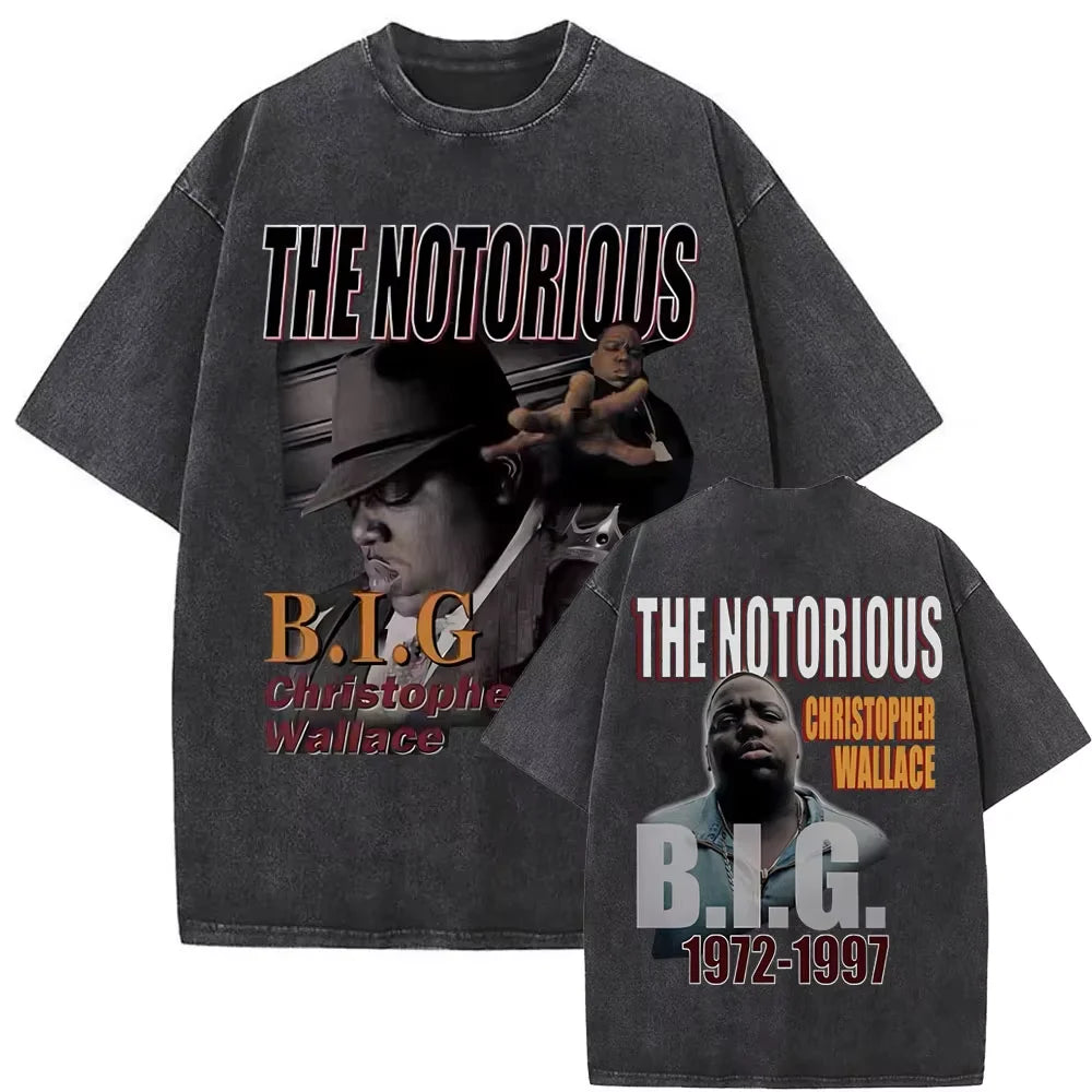 Washed Vintage Rapper The Notorious Big World Tour 97 T-shirt Biggie Smalls Print T Shirts Men Women Hip Hop Oversized T-shirts