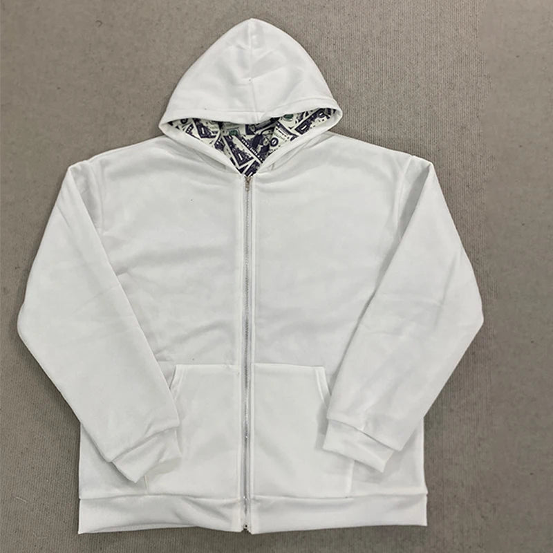 Oversized White Hoodie with Dollar Print Interior Women's 2025 New Streetwear Zip-Up Hooded Sweatshirt Fashion Casual Outerwear