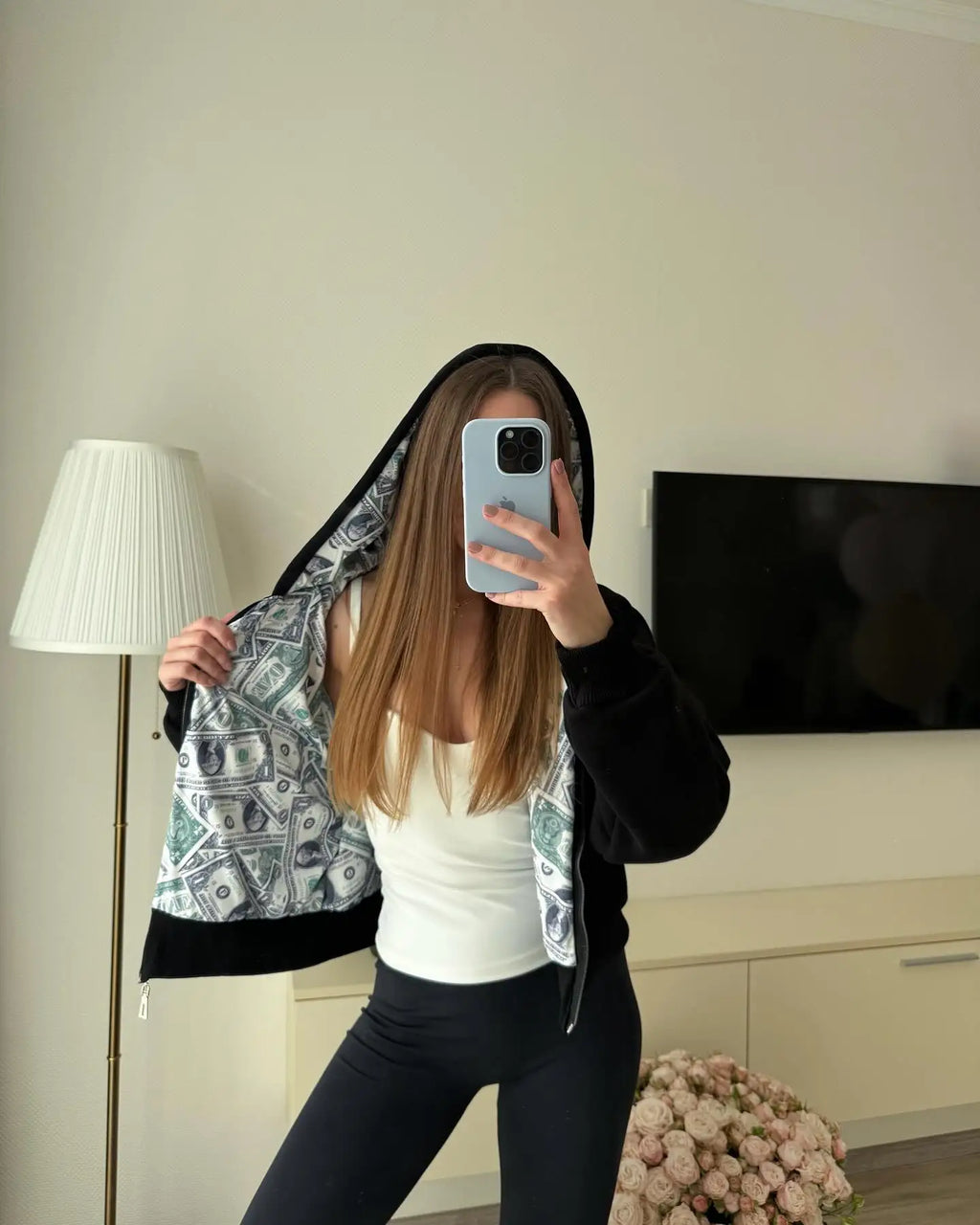 Oversized White Hoodie with Dollar Print Interior Women's 2025 New Streetwear Zip-Up Hooded Sweatshirt Fashion Casual Outerwear
