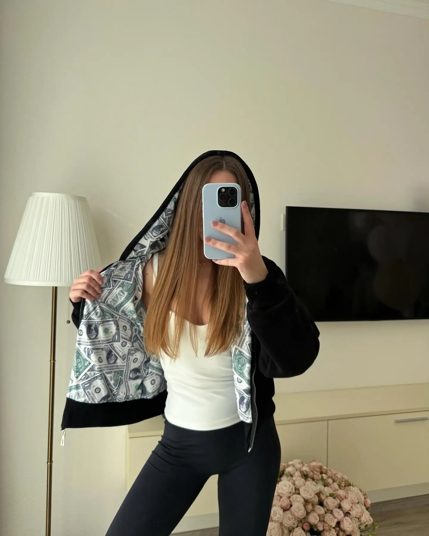 Oversized White Hoodie with Dollar Print Interior Women's 2025 New Streetwear Zip-Up Hooded Sweatshirt Fashion Casual Outerwear