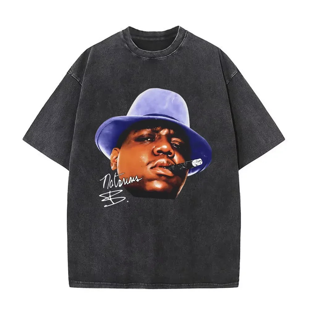Washed Vintage Rapper The Notorious Big World Tour 97 T-shirt Biggie Smalls Print T Shirts Men Women Hip Hop Oversized T-shirts