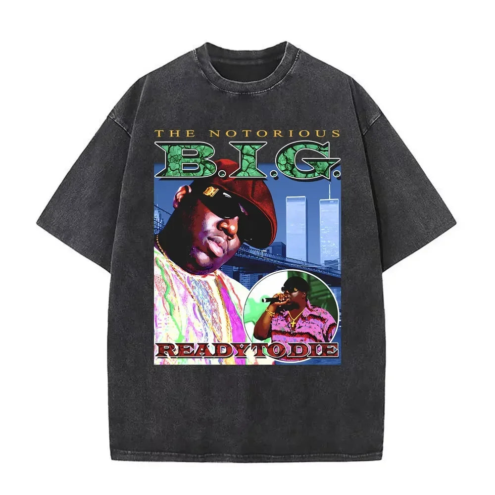 Washed Vintage Rapper The Notorious Big World Tour 97 T-shirt Biggie Smalls Print T Shirts Men Women Hip Hop Oversized T-shirts