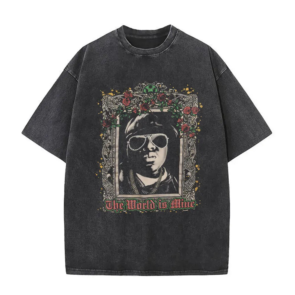 Washed Vintage Rapper The Notorious Big World Tour 97 T-shirt Biggie Smalls Print T Shirts Men Women Hip Hop Oversized T-shirts