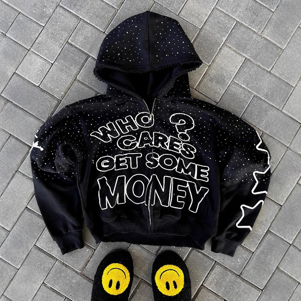 Who Cares Get Money" Rhinestone Hoodie – Streetwear Hustle Edition