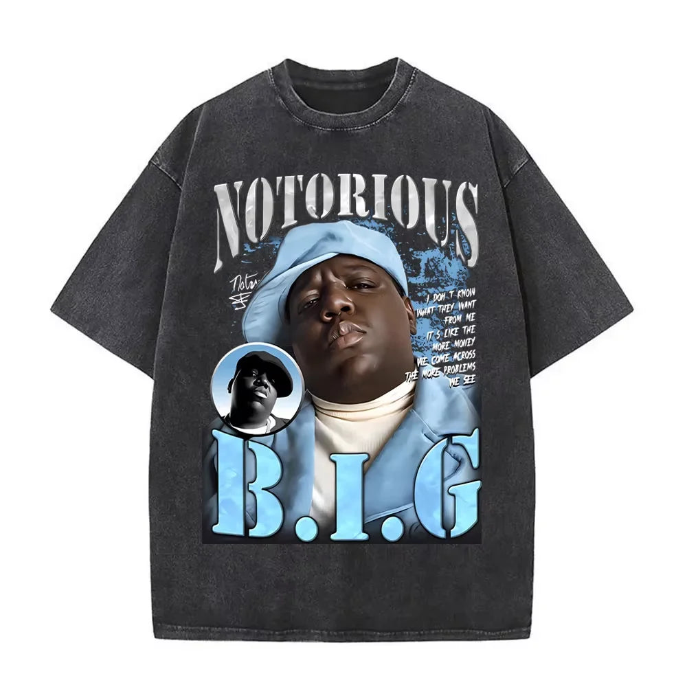 Washed Vintage Rapper The Notorious Big World Tour 97 T-shirt Biggie Smalls Print T Shirts Men Women Hip Hop Oversized T-shirts