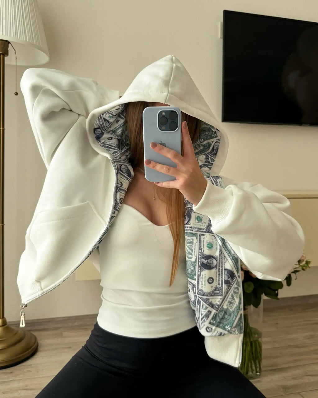 Oversized White Hoodie with Dollar Print Interior Women's 2025 New Streetwear Zip-Up Hooded Sweatshirt Fashion Casual Outerwear