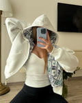 Oversized White Hoodie with Dollar Print Interior Women's 2025 New Streetwear Zip-Up Hooded Sweatshirt Fashion Casual Outerwear
