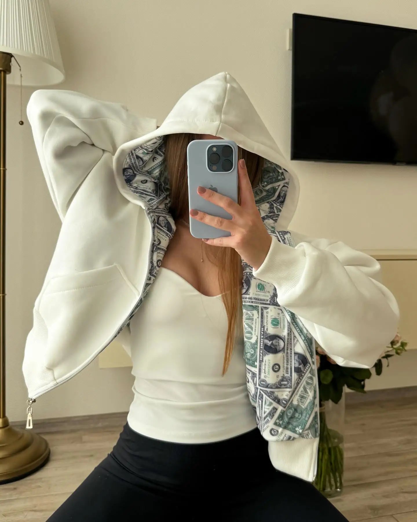 Oversized White Hoodie with Dollar Print Interior Women's 2025 New Streetwear Zip-Up Hooded Sweatshirt Fashion Casual Outerwear