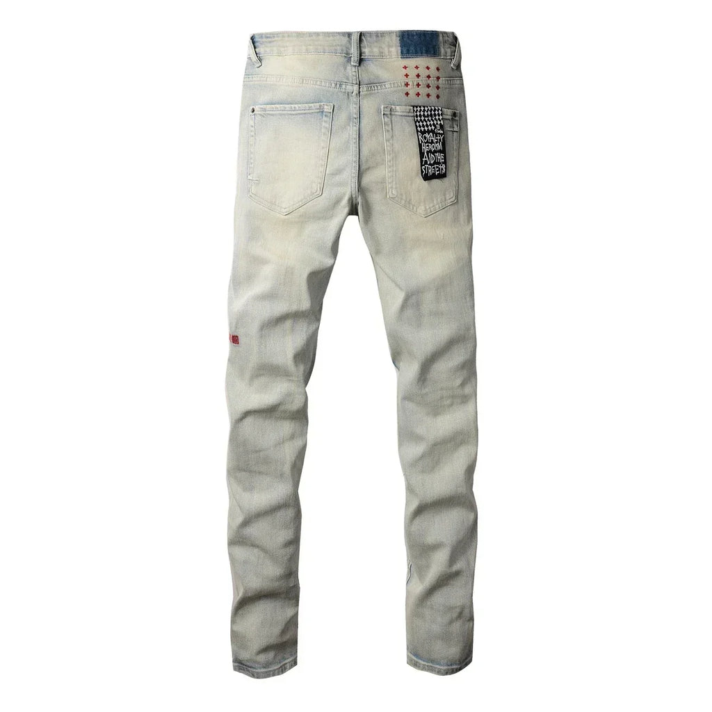 New KSUBI Jeans Men Paint Hole Trendy American High Street  Trend Low Rise Stretch Skinny Pleated Ripped Jeans