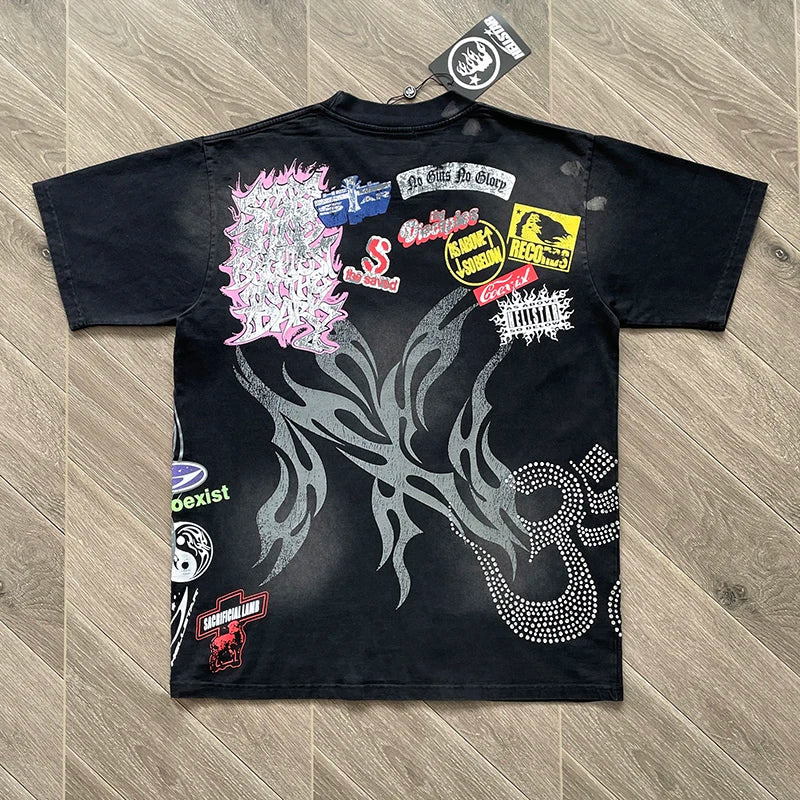 HS European and American trend flame graffiti black short-sleeved T-shirt