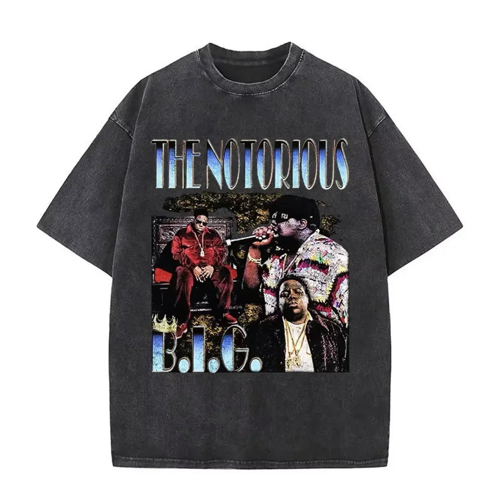 Washed Vintage Rapper The Notorious Big World Tour 97 T-shirt Biggie Smalls Print T Shirts Men Women Hip Hop Oversized T-shirts