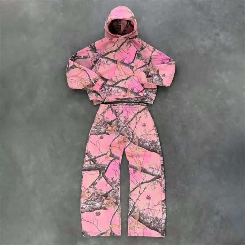 Y2K Retro Hoodie Men Camouflage Pattern Pink Sweatshirt High Street Hip Hop Streetwear Oversized Unisex Gothic Camo Hoodie Women