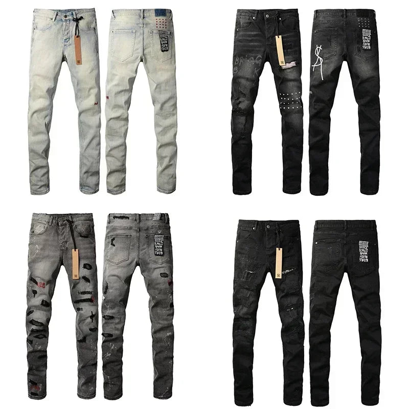 New KSUBI Jeans Men Paint Hole Trendy American High Street  Trend Low Rise Stretch Skinny Pleated Ripped Jeans