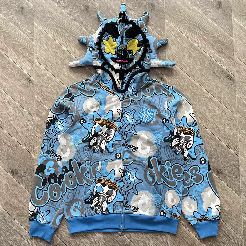 Blue Glo Gang Eroded Glo Thermal Hoodie Men Women High Quality Full Printed Cartoon Plush Print Oversize Hooded