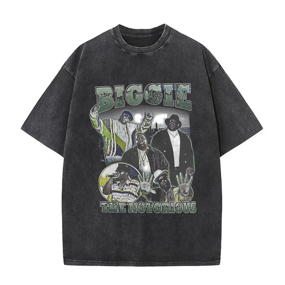 Washed Vintage Rapper The Notorious Big World Tour 97 T-shirt Biggie Smalls Print T Shirts Men Women Hip Hop Oversized T-shirts