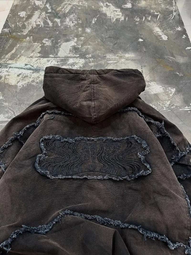 Punk High Street Clothing Destructive Style Sticker Zipper Sweatshirt Women Trendy Embroidered Whiskers Multi-pocket Hoodie Men